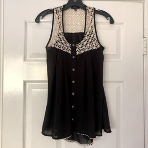 Monteau Black Sheer Top With Gold / Crochet Button Detail